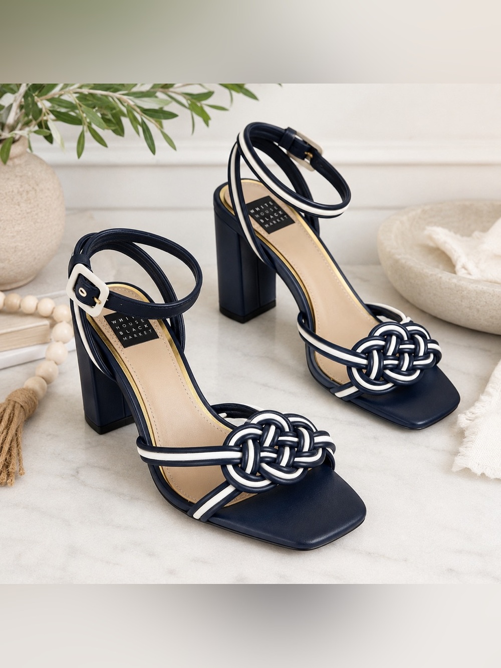 WHBM White House Black Market Navy Knot Block Heel Sandals Size 7 EUC